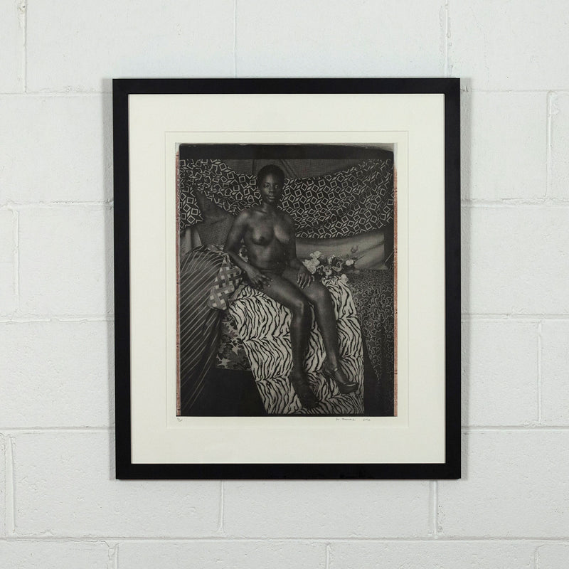 Mickalene Thomas portrait of marie sitting in black and white