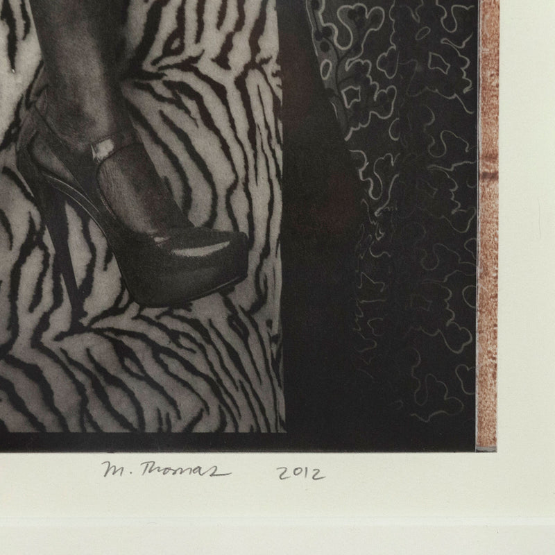 Mickalene Thomas portrait of marie sitting in black and white