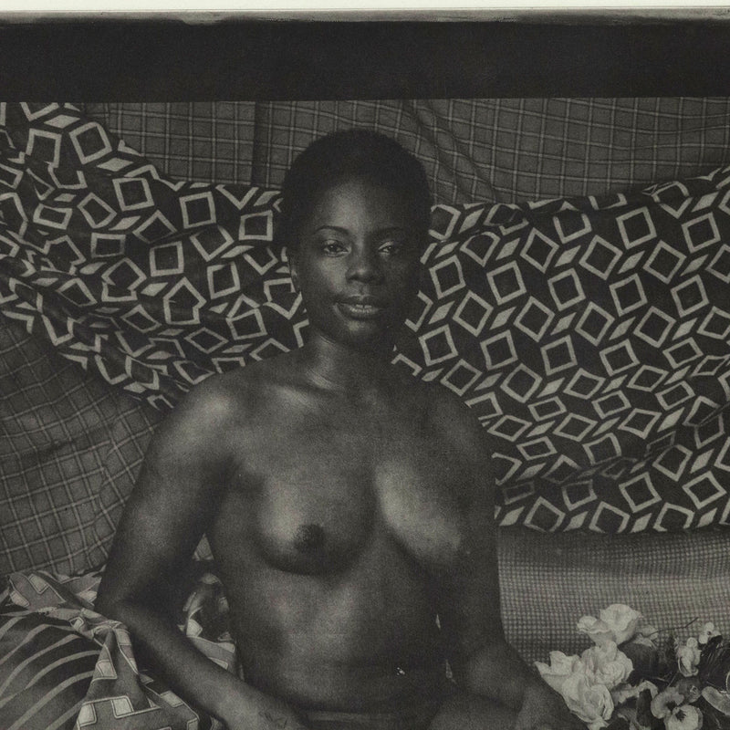 Mickalene Thomas portrait of marie sitting in black and white