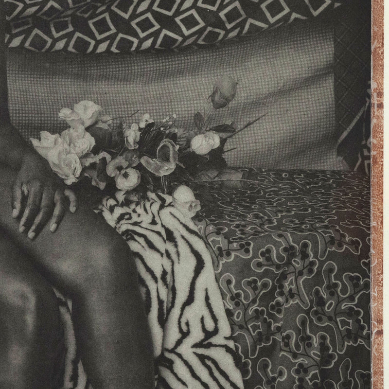 Mickalene Thomas portrait of marie sitting in black and white