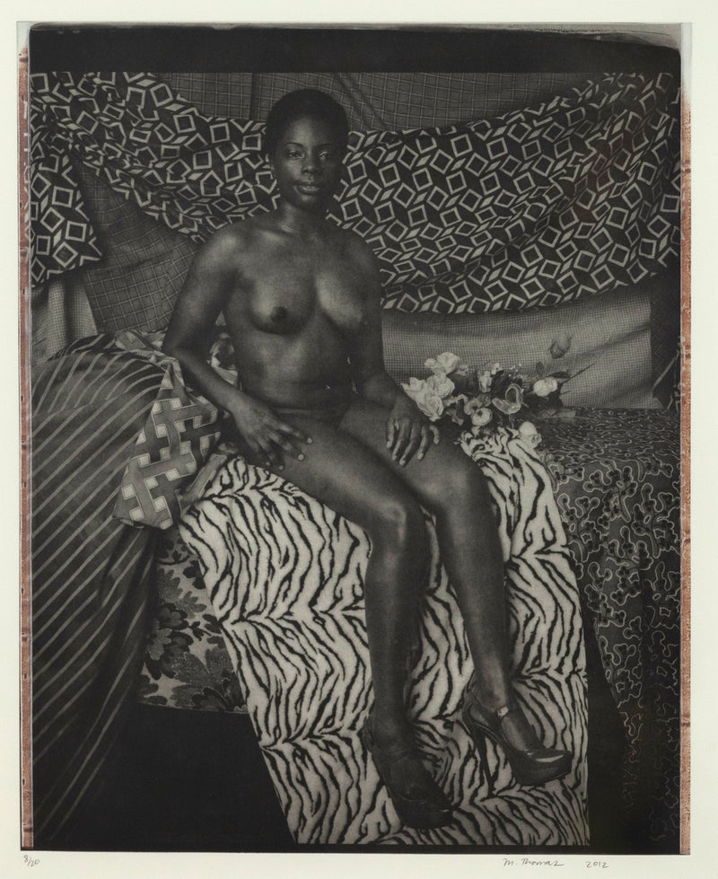 Mickalene Thomas portrait of marie sitting in black and white