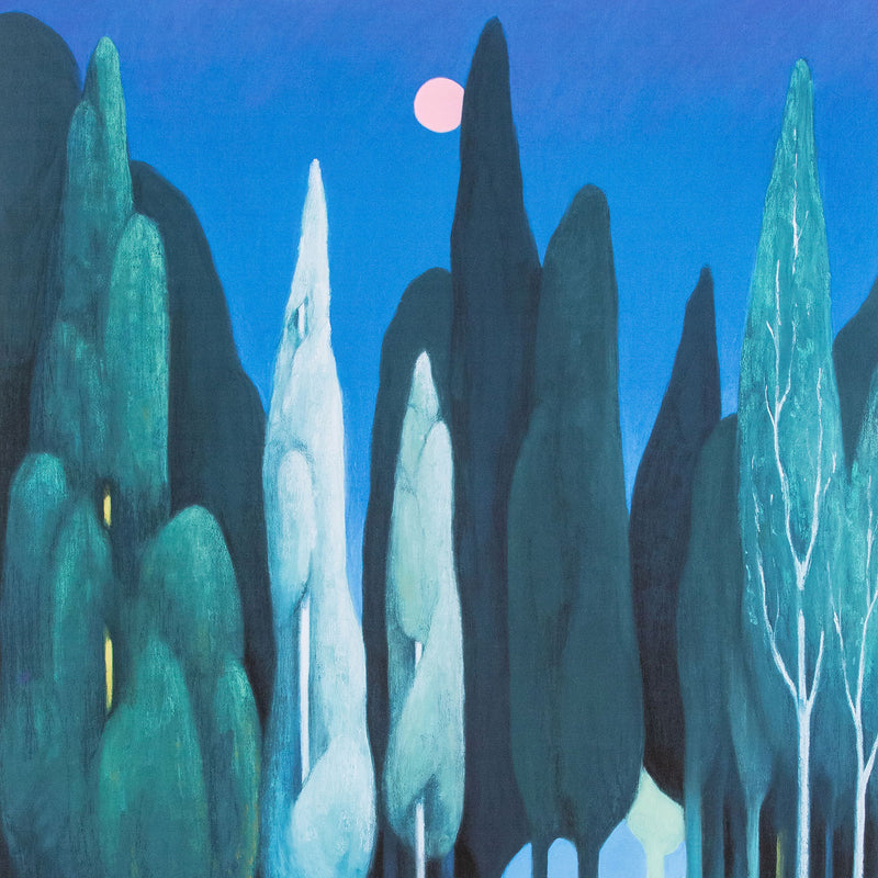 Nicolas Party "Landscape" Poster, 2021. Midnight landscape featuring tall cypress tress in cool tones.