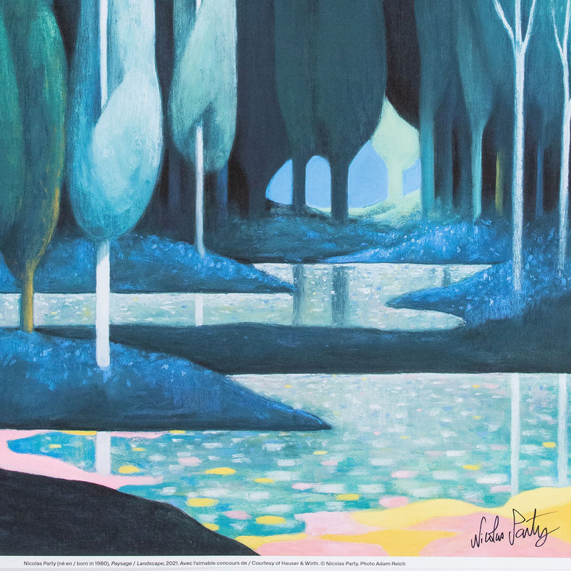 Nicolas Party "Landscape" Poster, 2021. Midnight landscape featuring tall cypress tress in cool tones.