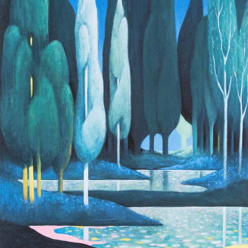 Nicolas Party "Landscape" Poster, 2021. Midnight landscape featuring tall cypress tress in cool tones.