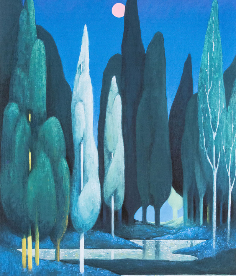 Nicolas Party "Landscape" Poster, 2021. Midnight landscape featuring tall cypress tress in cool tones.