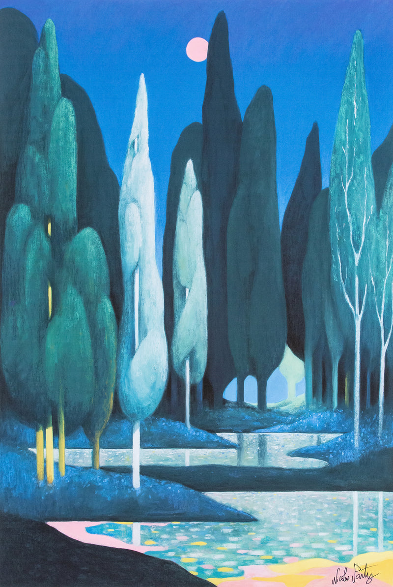 Nicolas Party "Landscape" Poster, 2021. Midnight landscape featuring tall cypress tress in cool tones.
