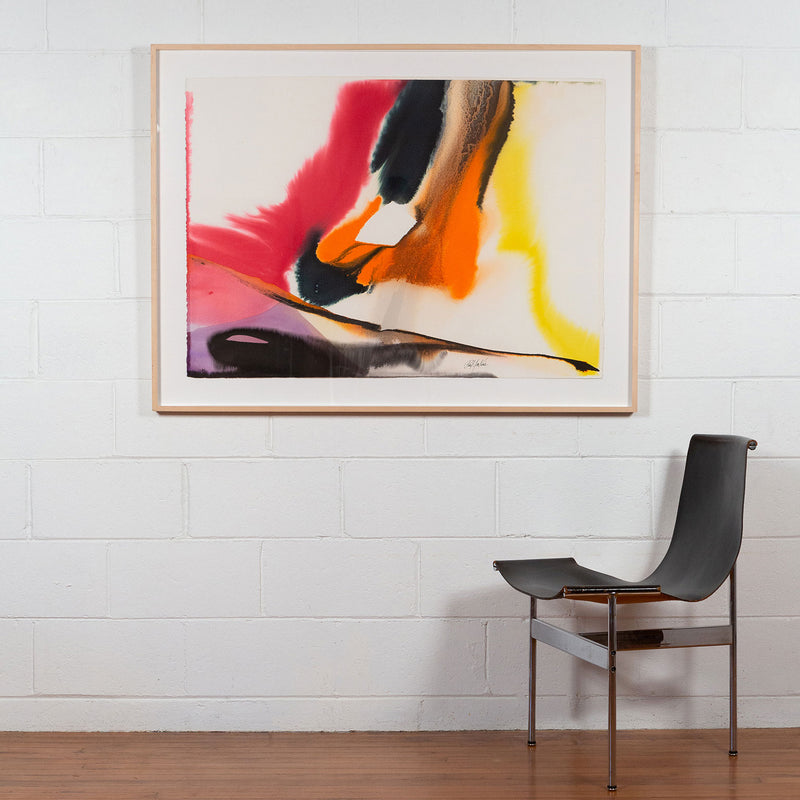 Paul Jenkins, Phenomena Near Heaven Hill, Watercolour, 1979, Caviar20 paintings, American Art, displayed framed and installed on white brick wall with modernist chair