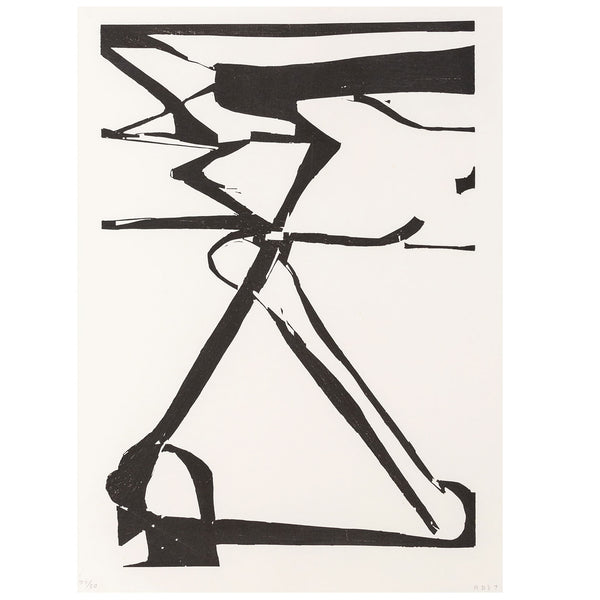 Richard Diebekorn "Double X" Woodcut, 1987. Completed in 1987, "Double X" marks the artist's return to abstraction in the last chapter of his oeuvre, when he moved between geometric and lyrical styles. Serving as a pared-down example, this work is a unique synthesis of Diebenkorn's exploration of abstraction, making it an excellent output from the last decade of his career. 