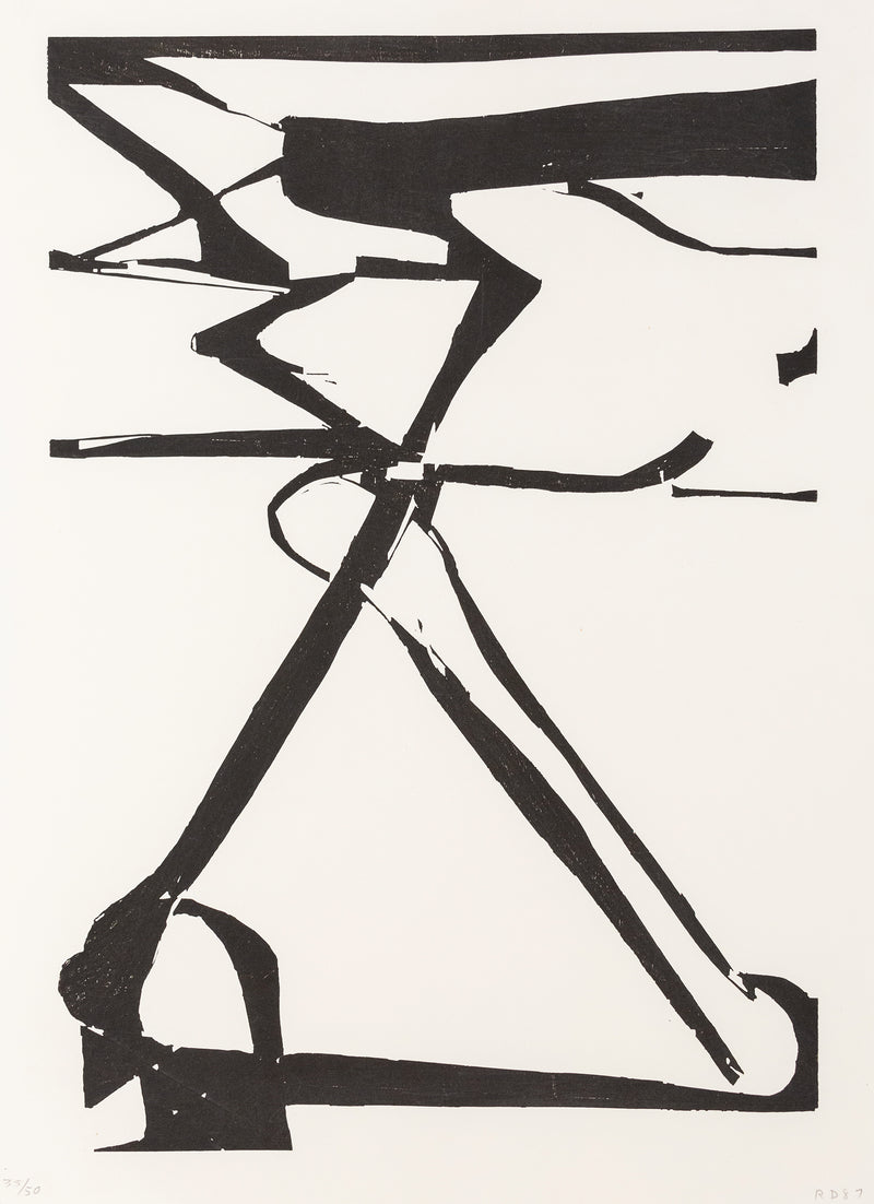Richard Diebekorn "Double X" Woodcut, 1987. Completed in 1987, "Double X" marks the artist's return to abstraction in the last chapter of his oeuvre, when he moved between geometric and lyrical styles. Serving as a pared-down example, this work is a unique synthesis of Diebenkorn's exploration of abstraction, making it an excellent output from the last decade of his career. 