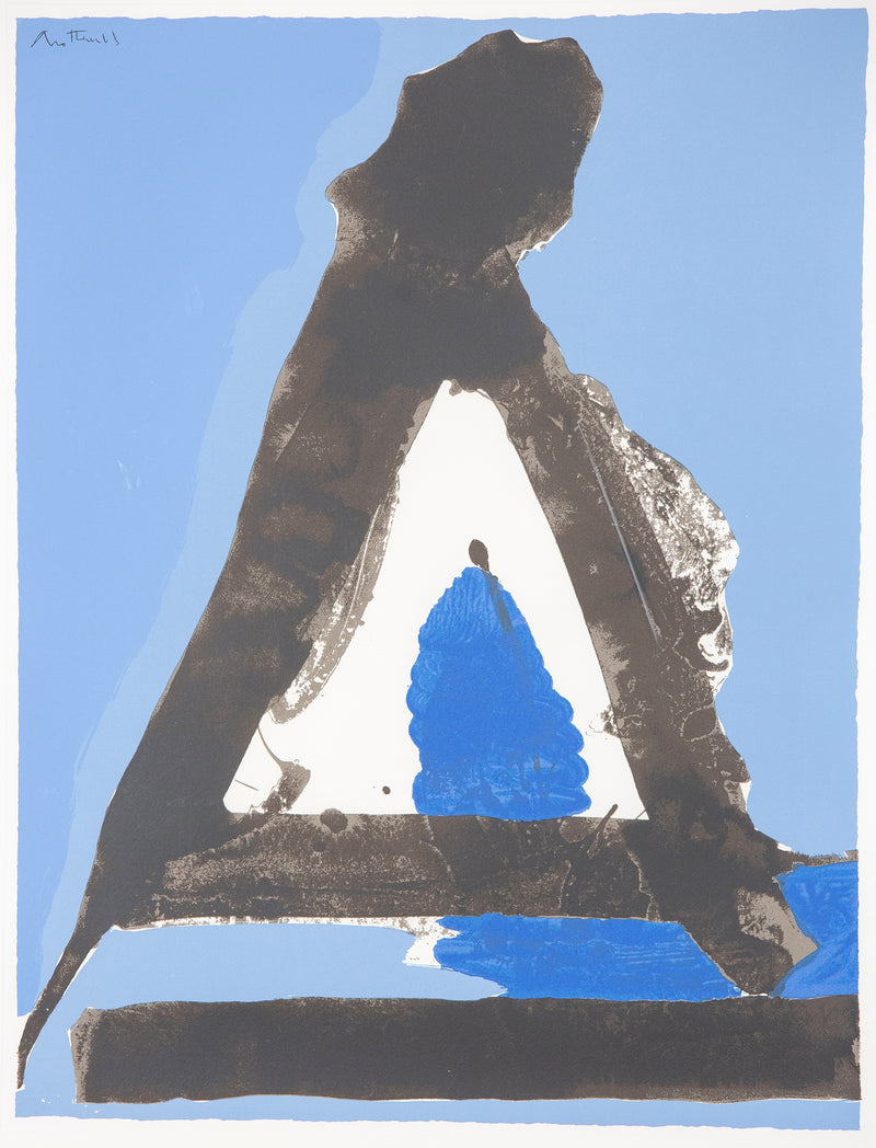 Robert Motherwell "Basque Suite #7" 1971. This print is a paradigm of Motherwell's oeuvre: aggressive black forms create a confidant abstract arrangement, softened by decorative and soothing shades of blue.