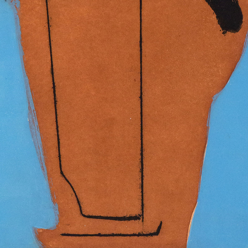 "The Persian II"  Aquatint, lift-ground etching, and aquatint on Whatman paper. 1985. This bold aquatint is classic Motherwell; an imposing black form resembling a thick brushstroke, spilled ink, or even tar, is set against a dense field of rust. These intense colors are contrasted with a soft but saturated periwinkle blue. 