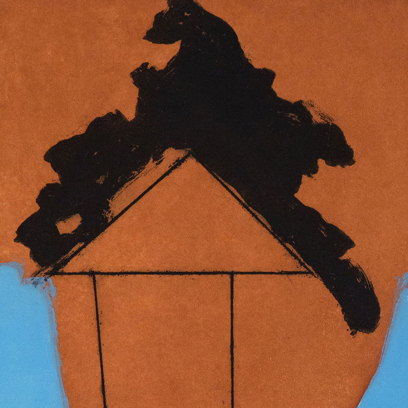 "The Persian II"  Aquatint, lift-ground etching, and aquatint on Whatman paper. 1985. This bold aquatint is classic Motherwell; an imposing black form resembling a thick brushstroke, spilled ink, or even tar, is set against a dense field of rust. These intense colors are contrasted with a soft but saturated periwinkle blue. 