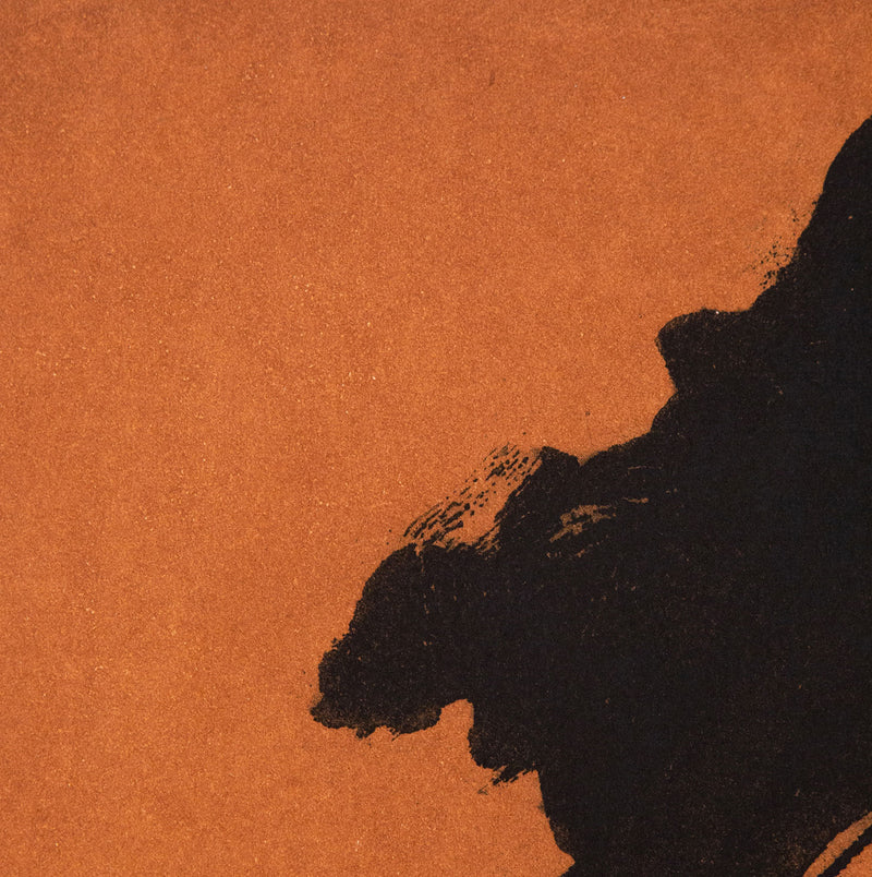 "The Persian II"  Aquatint, lift-ground etching, and aquatint on Whatman paper. 1985. This bold aquatint is classic Motherwell; an imposing black form resembling a thick brushstroke, spilled ink, or even tar, is set against a dense field of rust. These intense colors are contrasted with a soft but saturated periwinkle blue. 
