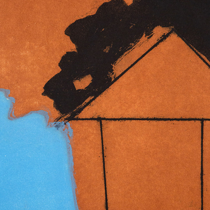 "The Persian II"  Aquatint, lift-ground etching, and aquatint on Whatman paper. 1985. This bold aquatint is classic Motherwell; an imposing black form resembling a thick brushstroke, spilled ink, or even tar, is set against a dense field of rust. These intense colors are contrasted with a soft but saturated periwinkle blue. 