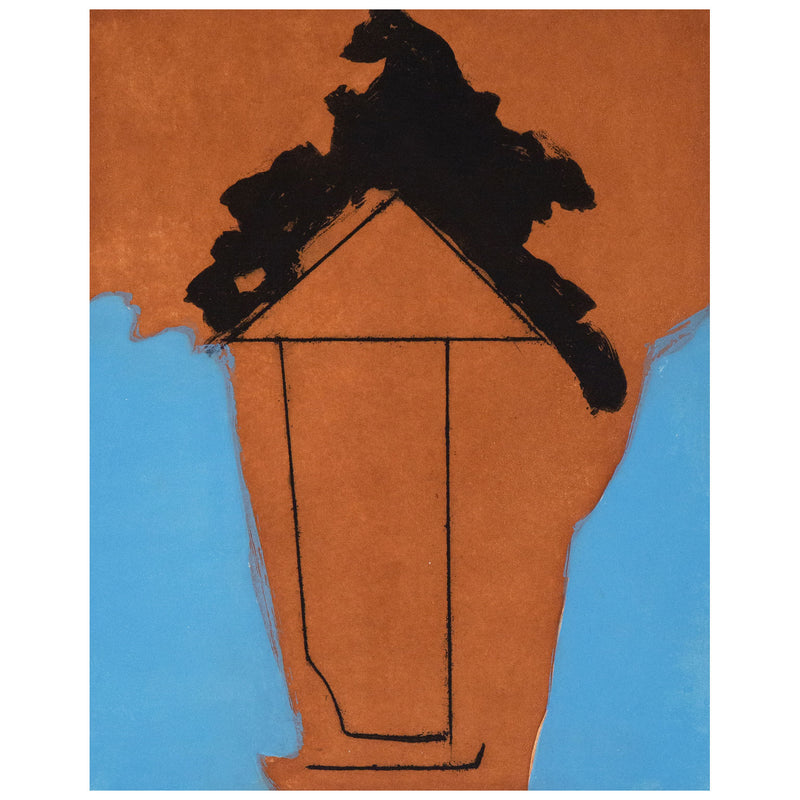 "The Persian II"  Aquatint, lift-ground etching, and aquatint on Whatman paper. 1985. This bold aquatint is classic Motherwell; an imposing black form resembling a thick brushstroke, spilled ink, or even tar, is set against a dense field of rust. These intense colors are contrasted with a soft but saturated periwinkle blue. 