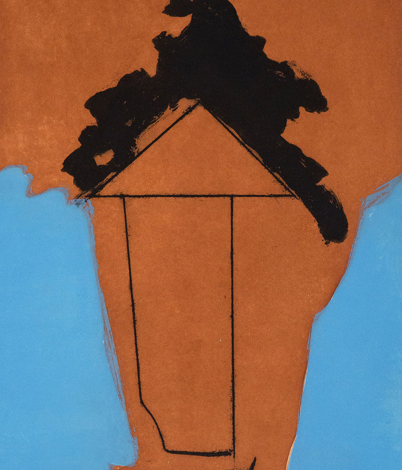 "The Persian II"  Aquatint, lift-ground etching, and aquatint on Whatman paper. 1985. This bold aquatint is classic Motherwell; an imposing black form resembling a thick brushstroke, spilled ink, or even tar, is set against a dense field of rust. These intense colors are contrasted with a soft but saturated periwinkle blue. 