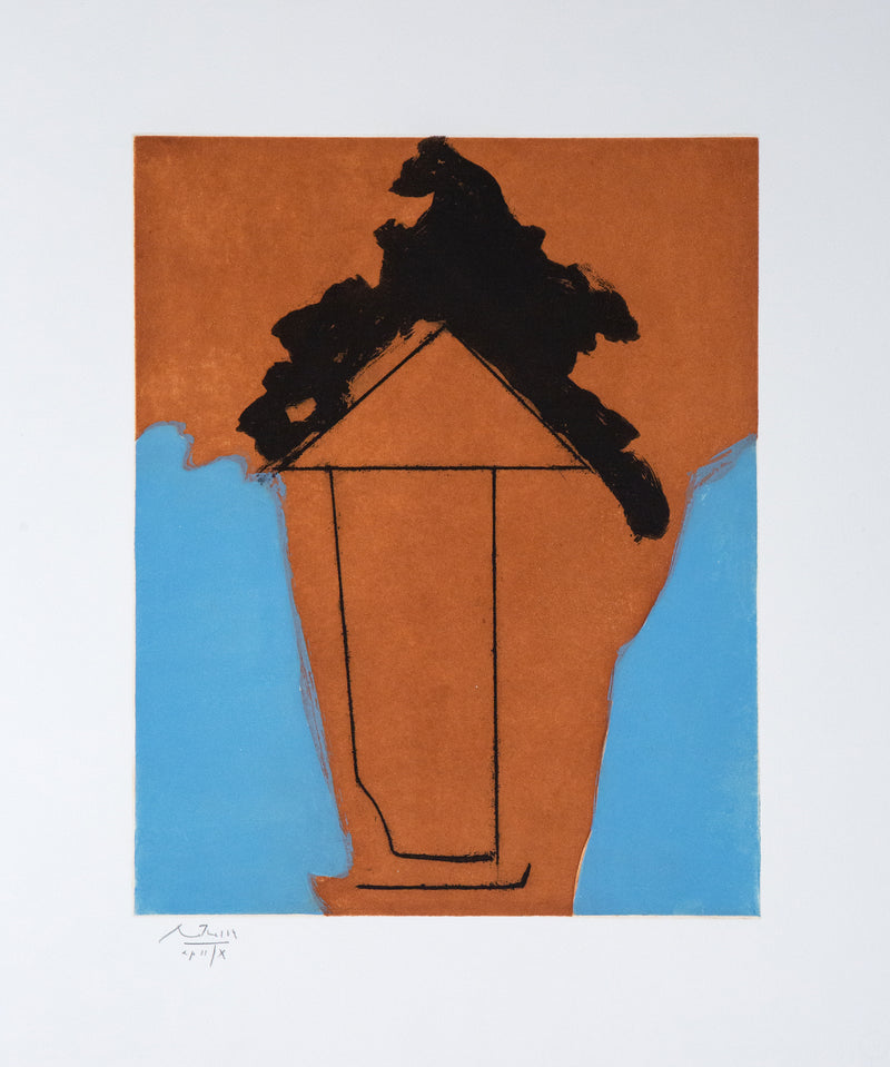 "The Persian II"  Aquatint, lift-ground etching, and aquatint on Whatman paper. 1985. This bold aquatint is classic Motherwell; an imposing black form resembling a thick brushstroke, spilled ink, or even tar, is set against a dense field of rust. These intense colors are contrasted with a soft but saturated periwinkle blue. 