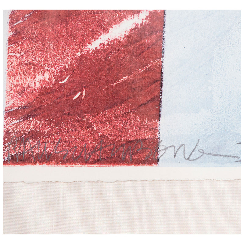 Robert Rauschenberg "For Kennedy" 1994. This complex and patriotic image is a testament to Rauschenberg's unwavering socio-political engagement. Rich, layered images of the American Flag fill the sheet, demonstrating Rauschenberg's iconic collage work and signature aesthetic.