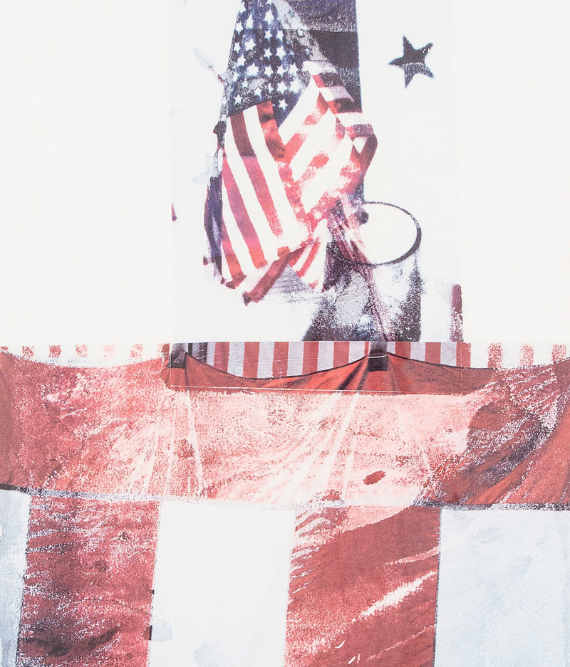 Robert Rauschenberg "For Kennedy" 1994. This complex and patriotic image is a testament to Rauschenberg's unwavering socio-political engagement. Rich, layered images of the American Flag fill the sheet, demonstrating Rauschenberg's iconic collage work and signature aesthetic.