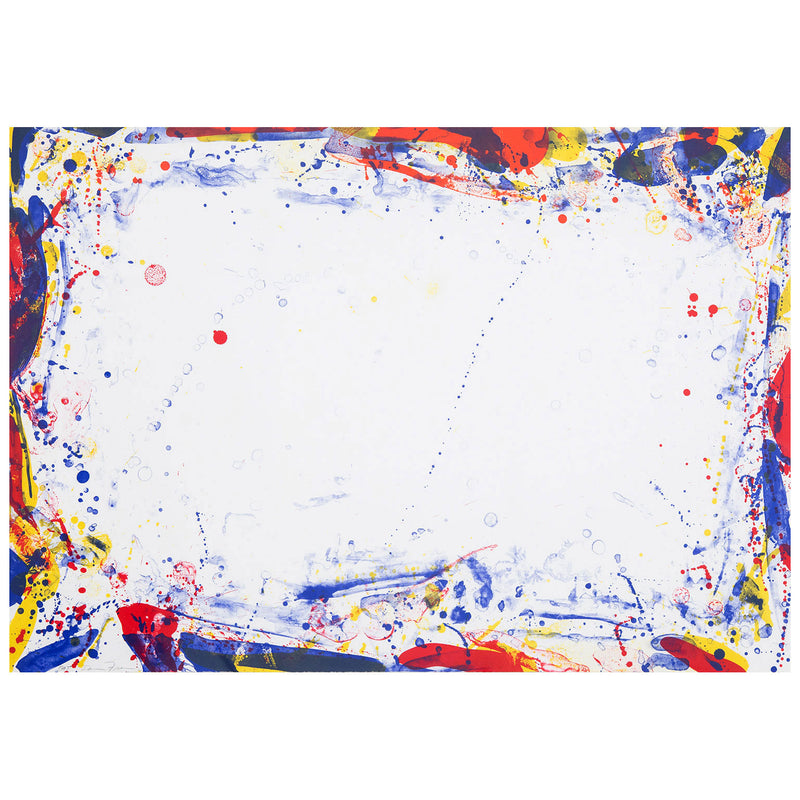 Sam Francis, Damp, Lithograph, 1969, While Francis is stylistically associated with the second generation of abstract expressionist painters (like Helen Frankenthaler) he spent most of the 1950s moving around and working/exhibiting in places including Paris, Mexico City, New York City, and Switzerland. As a result, he is somewhat independent of the collectives and "isms" that are normally used to describe post-war abstraction.