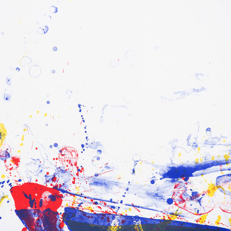 Sam Francis, Damp, Lithograph, 1969, While Francis is stylistically associated with the second generation of abstract expressionist painters (like Helen Frankenthaler) he spent most of the 1950s moving around and working/exhibiting in places including Paris, Mexico City, New York City, and Switzerland. As a result, he is somewhat independent of the collectives and "isms" that are normally used to describe post-war abstraction.