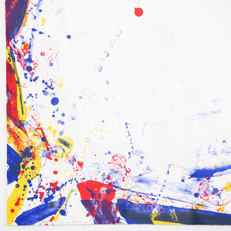 Sam Francis, Damp, Lithograph, 1969, While Francis is stylistically associated with the second generation of abstract expressionist painters (like Helen Frankenthaler) he spent most of the 1950s moving around and working/exhibiting in places including Paris, Mexico City, New York City, and Switzerland. As a result, he is somewhat independent of the collectives and "isms" that are normally used to describe post-war abstraction.