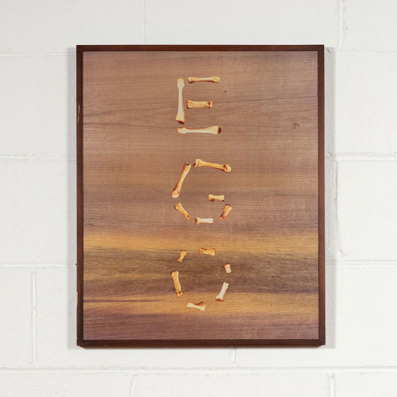 Sarah Charlesworth Ego photograph print Caviar20, framed and displayed on white brick wall