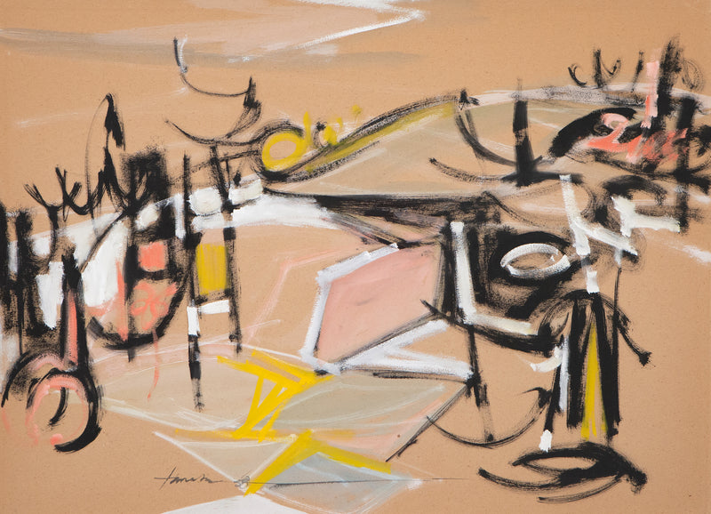 Takao Tanabe, Canadian Art, "Untitled"  Canada, 1958  Casein on board  Signed and dated by the artist  21.75"H 29.75"W (work)  27.25"H 32.25"W (framed)  Framed with museum glass  Very good condition.