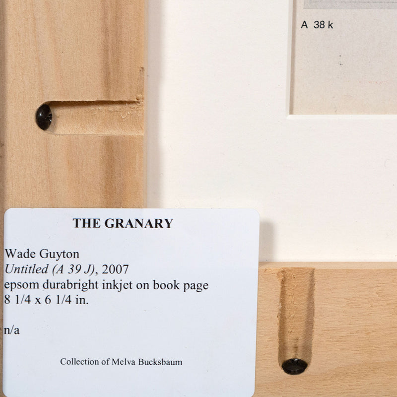 Wade Guyton, A 39 J, Epson DURAbrite inkjet on book page, 2007, Caviar 20, closeup of artist label