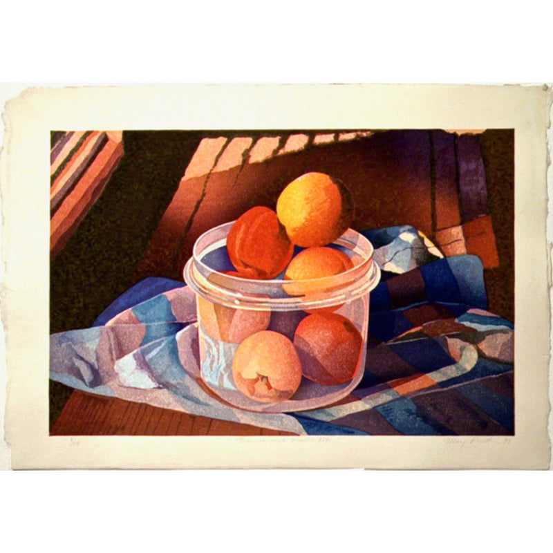 MARY PRATT "PEACHES IN A PLASTIC POT" COLOR WOODCUT, 1995