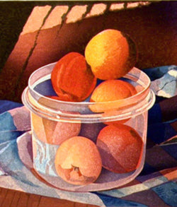 MARY PRATT "PEACHES IN A PLASTIC POT" COLOR WOODCUT, 1995