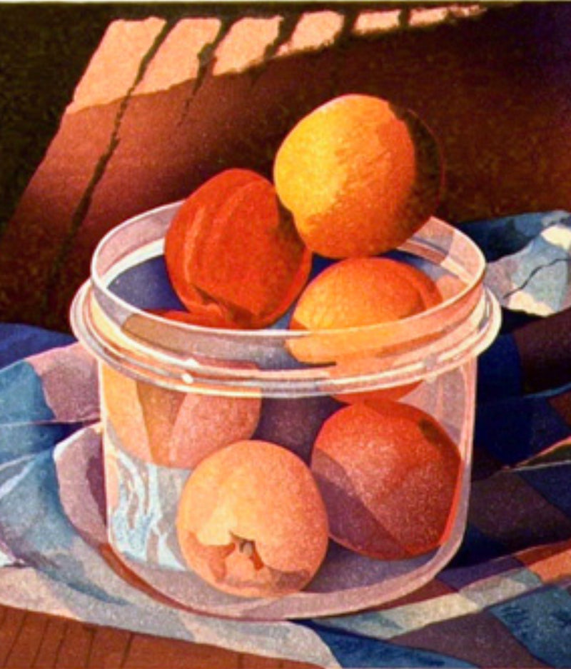 MARY PRATT "PEACHES IN A PLASTIC POT" COLOR WOODCUT, 1995