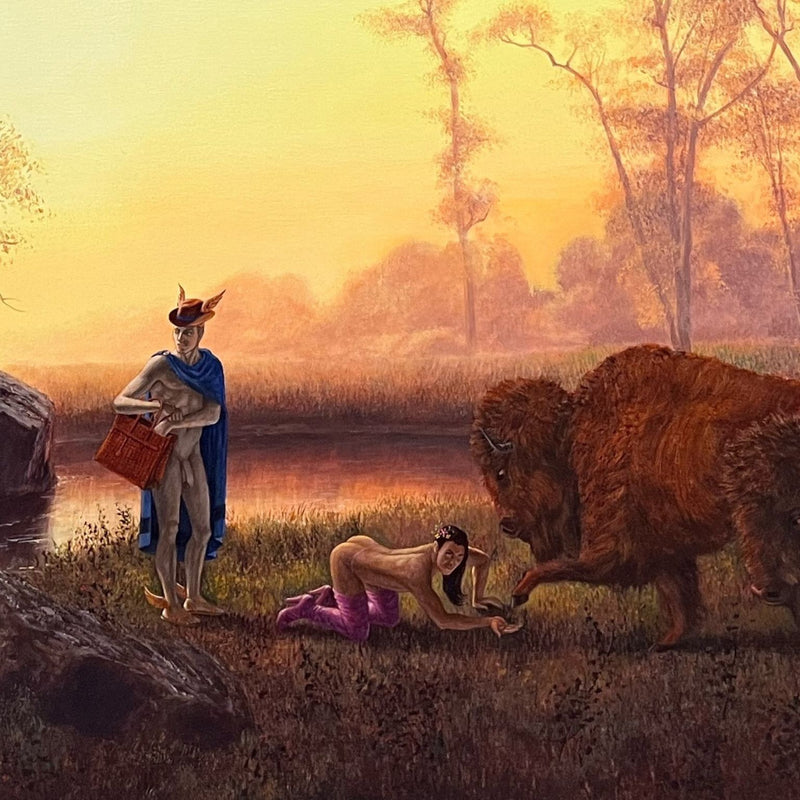 Kent Monkman "Weesageechak Teaches Hermes How to Trick the Four Leggeds" Acrylic on canvas. 2010.
