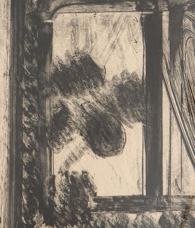 Howard Hodgkin "Late Afternoon in the Museum of Art" USA, 1979 Etching on paper. "Late Afternoon" is a striking example of Hodgkin's printmaking from his 1979 series "The Museum of Art". Comprised of four prints, the series is exemplary of the artist's enmeshed style, blending abstract and representational qualities that culminate into evocative scenes.